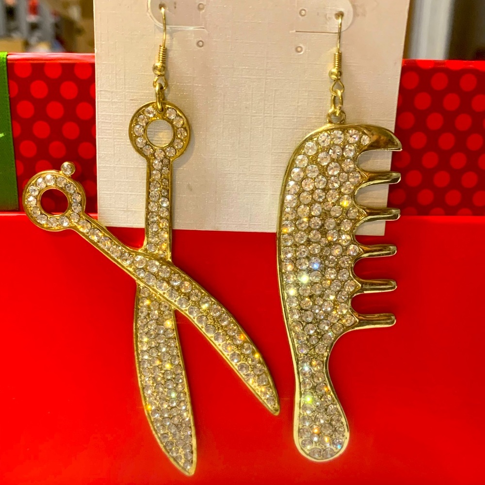 Gold Bling hairstylist earrings. Scissor/comb earrings